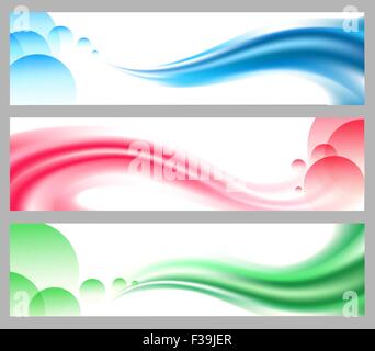 Set of wavy headers or banners. Smooth waves and Bubbles in various colors. Stock Vector