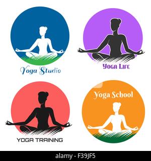 Yoga studio Logo or emblem set. Silhouette woman sitting on a grass and practicing yoga in various colors. Free font used. Stock Vector