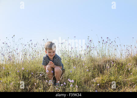 Boy sitting in green field, smiling Stock Photo