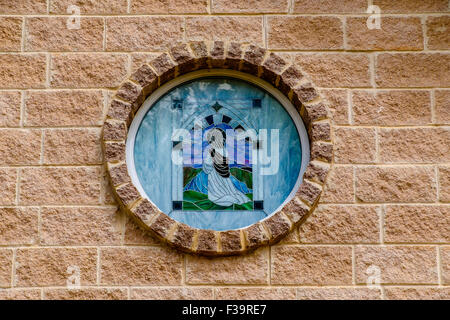 A stained glass window located at the front of Lakeview Baptist Church in Guthrie, Oklahoma, USA. Stock Photo