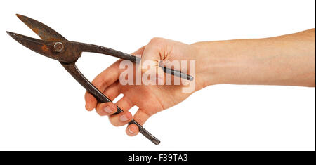 Old work scissors in hand isolated on white background Stock Photo