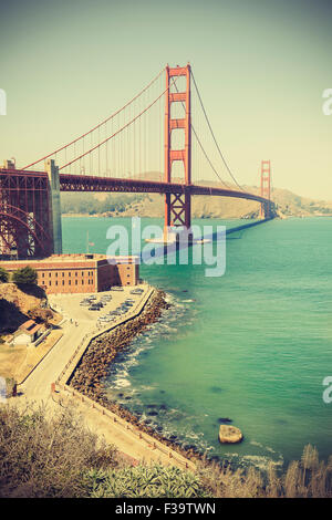 Old film retro style Golden Gate Bridge in San Francisco, vignette effect, USA. Stock Photo