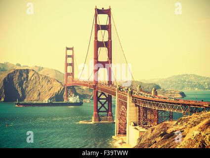 Old film retro style Golden Gate Bridge in San Francisco, USA. Stock Photo