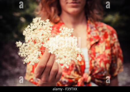 A young woman is holding a bunch of elderflowers she has been picking Stock Photo