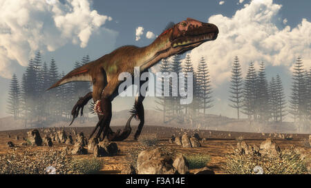 Utahraptor dinosaur running in the desert with a calamite forest in the background. Stock Photo