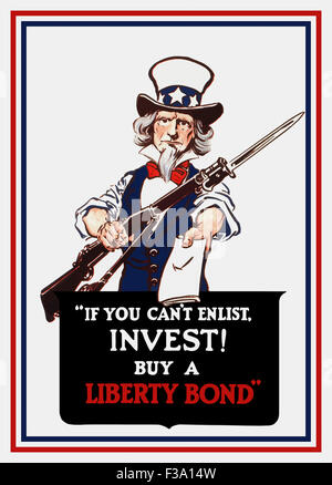 Vintage World War I propaganda poster of Uncle Sam holding a rifle and holding out a liberty bond. It reads: If You Can’t Enlist Stock Photo