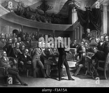 Vintage American history print featuring Senator Henry Clay speaking about the Compromise of 1850 in the Senate. Stock Photo