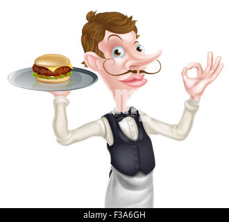 An illustration of a cartoon waiter doing a perfect or okay sign and holding a tray with a burger on it Stock Photo