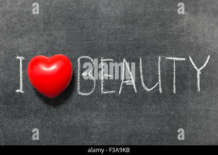 I love beauty phrase handwritten on school blackboard Stock Photo