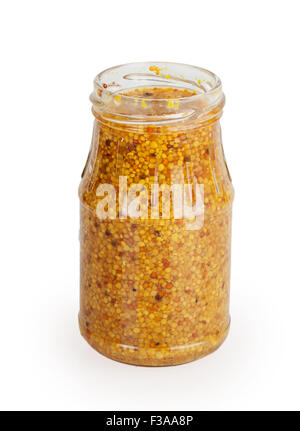 open glass jar grainy mustard isolated on white background Stock Photo