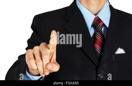Businessman hand pushing screen on white background Stock Photo