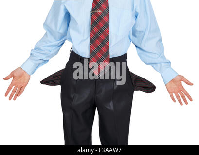Businessman showing his empty pocket, turning his pocket inside out isolated on white background