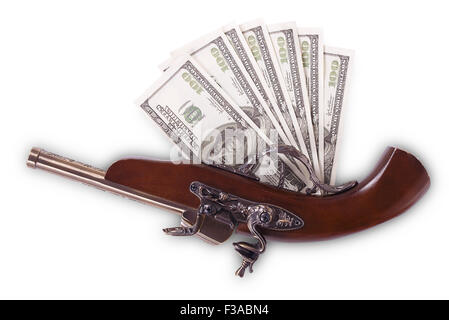 Old gun and hundred dollar bills isolated on white background Stock Photo