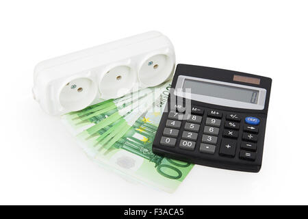 power socket money and a calculator isoleted on white background Stock Photo