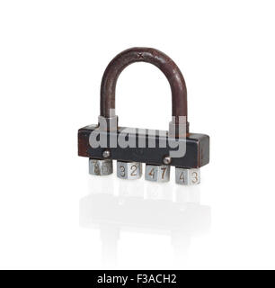 rusty padlock with combination lock isolated on white background Stock Photo