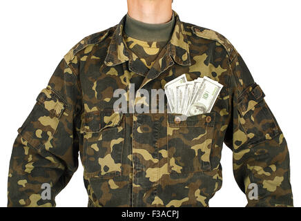 Army uniform jacket with dollars isolated on white background Stock Photo