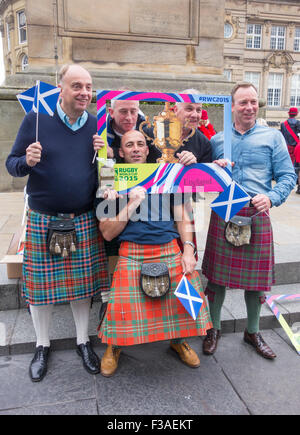 Newcastle upon Tyne, UK. 3rd October, 2015. A great atmosphere as fans gather in Newcastle city centre ahead of this afternoon`s game between South Africa and Scotland as fans gather in the city centre. Credit:  Alan Dawson News/Alamy Live News Stock Photo