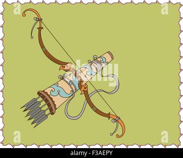Artistic Ornamental Bow, Arrow And Arrow Holder (Tashkar) In Perspective Vector Art Stock Vector