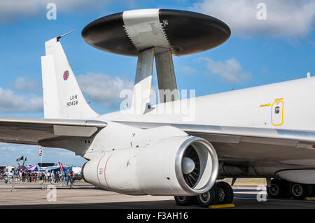 Starboard inner engine, leading-edge flaps and radar dome of a NATO Boeing E-3A Sentry (AWACS) aircraft