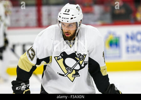 Raleigh, North Carolina, USA. 2nd Oct, 2015. Pittsburgh Penguins center Nick Bonino (13) during the NHL game between the Pittsburgh Penguins and the Carolina Hurricanes at the PNC Arena. The Carolina Hurricanes defeated the Pittsburgh Penguins 2-1. © Andy Martin Jr./ZUMA Wire/Alamy Live News Stock Photo