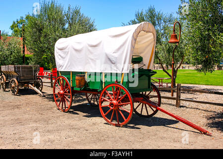 Replica of a 19th 1830s Pioneer wagon parked at Los Olivos in California Stock Photo