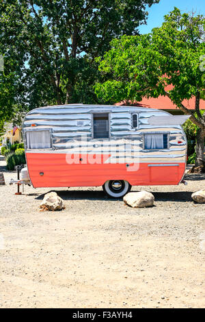 1950s Retro travel trailer parked up  in Los Olivos, a small town in the Santa Maria Valley region in Santa Barbara County in Ca Stock Photo