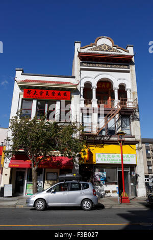 Parked car outside Lee's Benevolent Association building Fisgard Street Chinatown Victoria Vancouver Island British Columbia Stock Photo