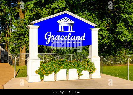 Blue and white sign outside Graceland - the home of Elvis Presley in Memphis, Tennessee. Stock Photo