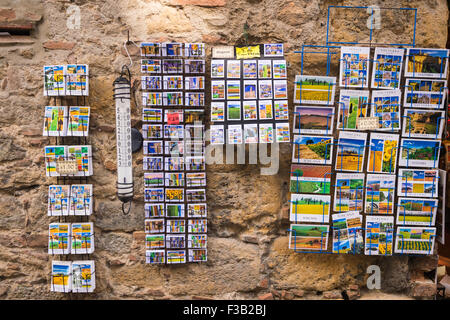 Postcards and magnets for sale, Volterra, Tuscany, Italy Stock Photo