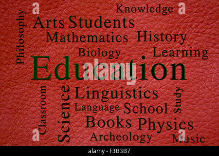 Education classroom subjects and related words in wordcloud on textured background Stock Photo