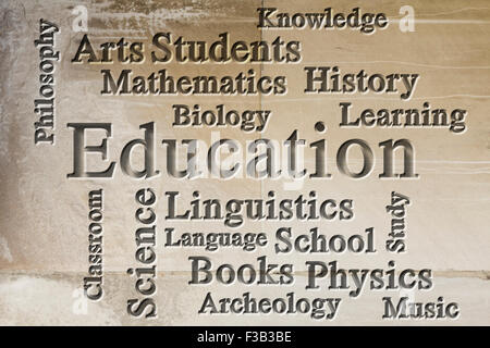 Education classroom subjects and related words in wordcloud on textured background Stock Photo