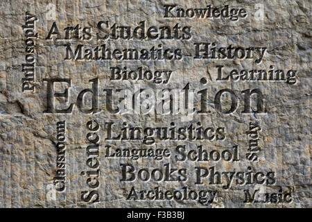 Education classroom subjects and related words in wordcloud on textured background Stock Photo