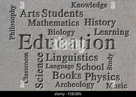 Education classroom subjects and related words in wordcloud on textured background Stock Photo