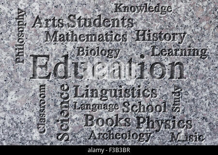 Education classroom subjects and related words in wordcloud on textured background Stock Photo