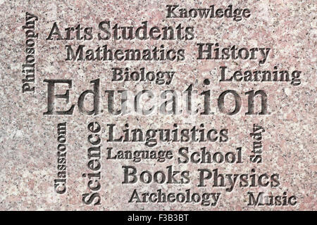 Education classroom subjects and related words in wordcloud on textured background Stock Photo