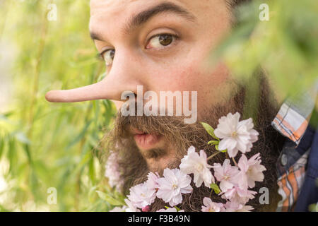 Flowers decorate the beard of this young man with a long liar nose Stock Photo