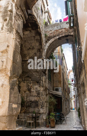 Narrow and empty alley or pedestrian street at the Diocletian's Palace in Split, Croatia. Stock Photo