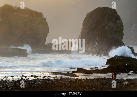 Rocky beach with big wave at Papuma beach, Jember, Indonesia. Stock Photo