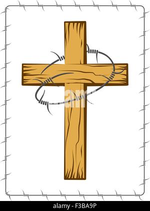 Wooden Christian Cross With Barbed Wire Vector Art Stock Vector