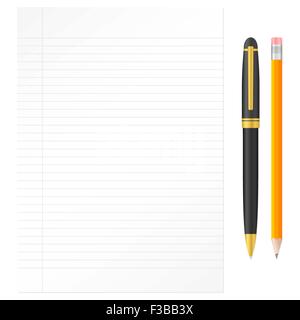 Pen, pencil and sheet. Vector illustration. Stock Vector