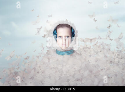 Fantasy. Futuristic Woman with Flying Butterflies Stock Photo