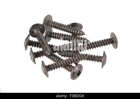 Black wood screws on a white background. Stock Photo