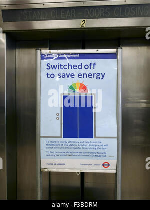 Underground passenger lift switched off outside of rush hour to save energy, London Stock Photo