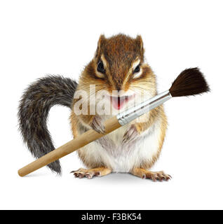 Funny squirrel painter with brush, on white background Stock Photo