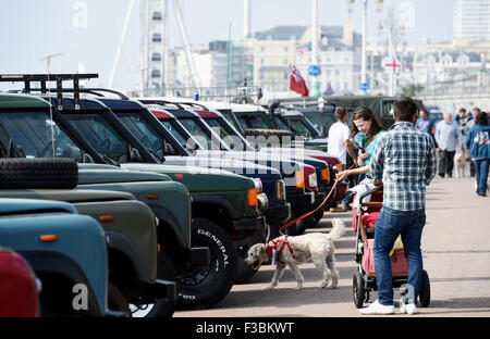 Brighton UK Sunday 4th October 2015 - Hundreds of Land Rover and Range Rover owners take part in the 17th London to Brighton Land Rover Run which finished on Madeira Drive on the seafront  Credit:  Simon Dack/Alamy Live News Stock Photo