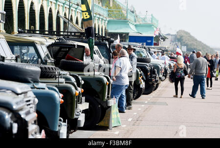 Brighton UK Sunday 4th October 2015 - Hundreds of Land Rover and Range Rover owners take part in the 17th London to Brighton Land Rover Run which finished on Madeira Drive on the seafront  Credit:  Simon Dack/Alamy Live News Stock Photo