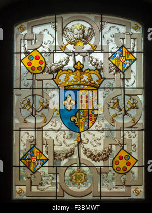 Blazons in a stained glass window at Chaumont-sur-Loire Chateau Stock Photo