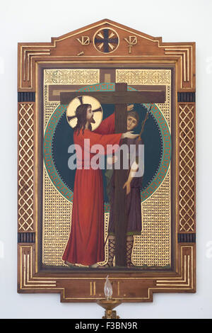 Jesus receives his cross. Painting by Benedictine monk Pantaleon (Jaroslav Major) from the Beuron Art School from the 1910s marking the 2nd Station of the Way of the Cross in the Church of Saint John of Nepomuk in Ceske Budejovice, South Bohemia, Czech Republic. Stock Photo