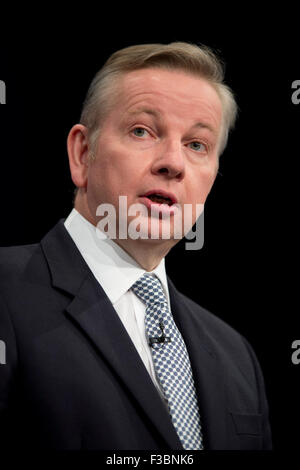 Manchester, UK. 4th October 2015. The Rt Hon Michael Gove MP, Lord Chancellor and Secretary of State for Justice speaks at Day 1 of the 2015 Conservative Party Conference in Manchester. Credit:  Russell Hart/Alamy Live News. Stock Photo