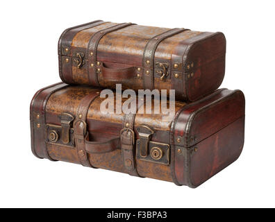 Two Antique Leather Suitcases Stacked. The image is a cut out, isolated on a white background. Stock Photo